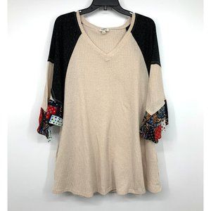 Umgee Top Waffle Knit Patchwork Flare Sleeve V Neck Tunic Pockets